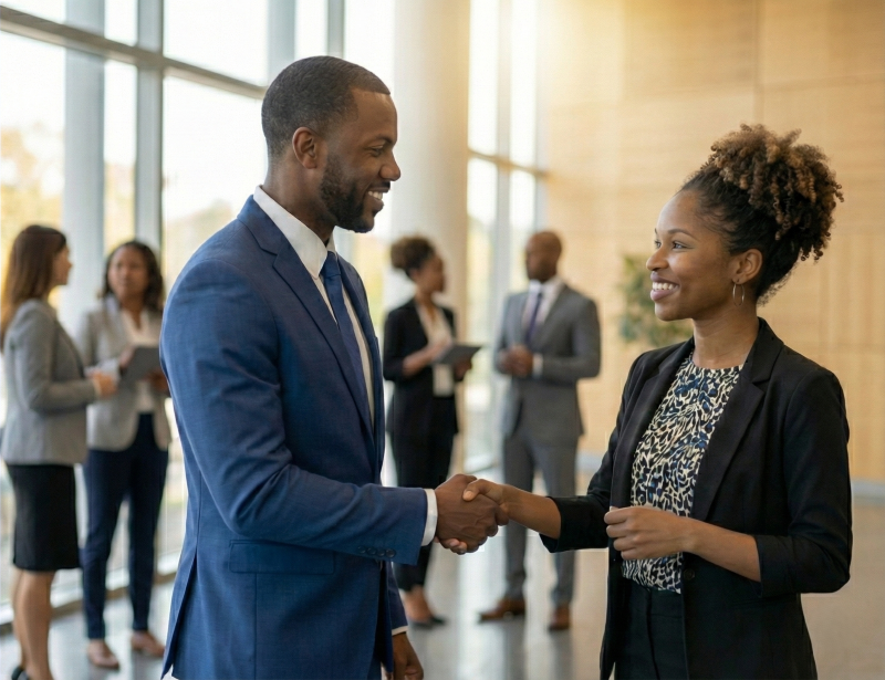 Business professionals collaborating on skills development